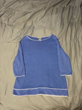 Neiman Marcus Periwinkle Blue Boatneck Knit Top with Contrast Trim